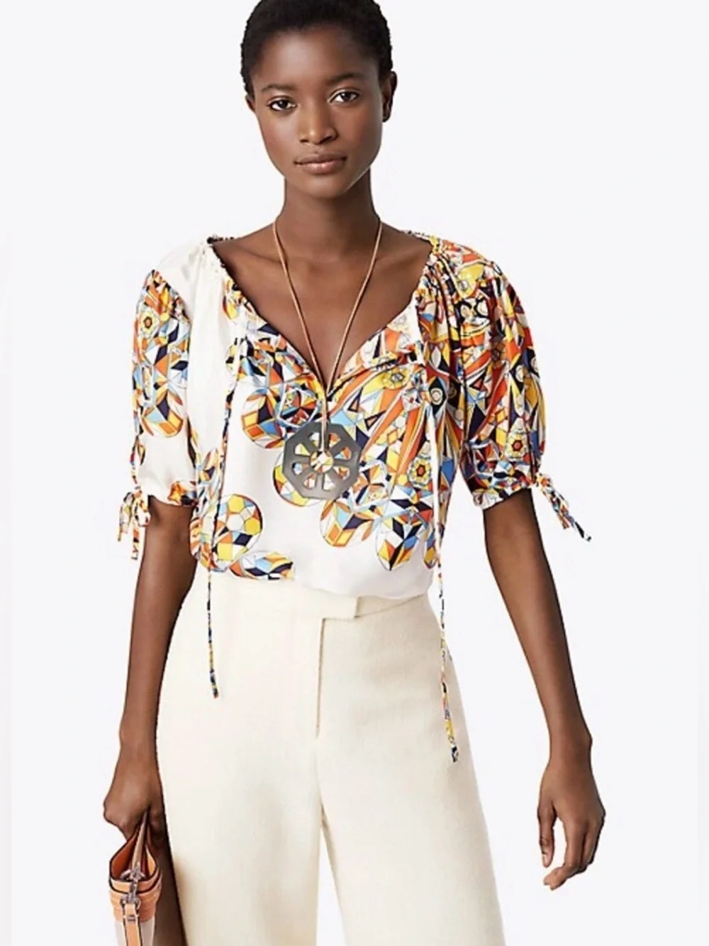 Tory Burch Alyssa top in a multicolor geometric silk print size 2